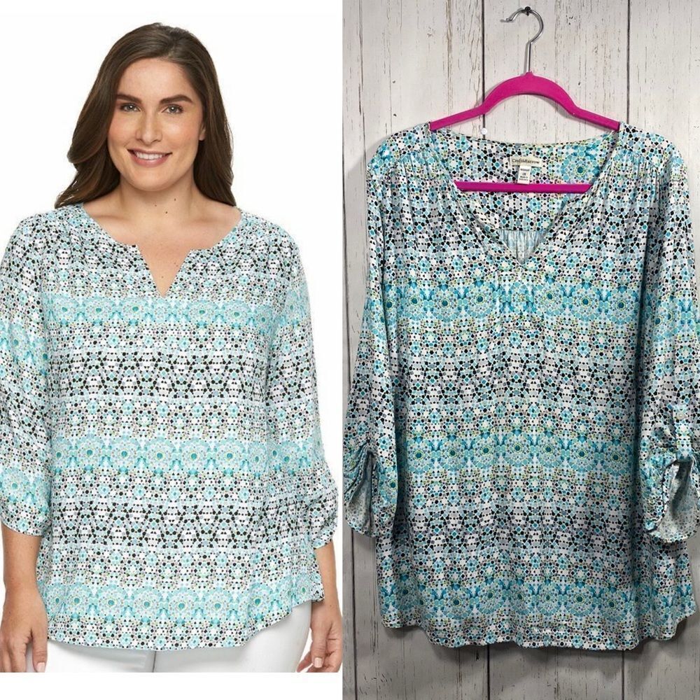 Croft & Barrow Geometric Pullover Tunic Printed V Neck Top Shirt Roll Tab Blouse